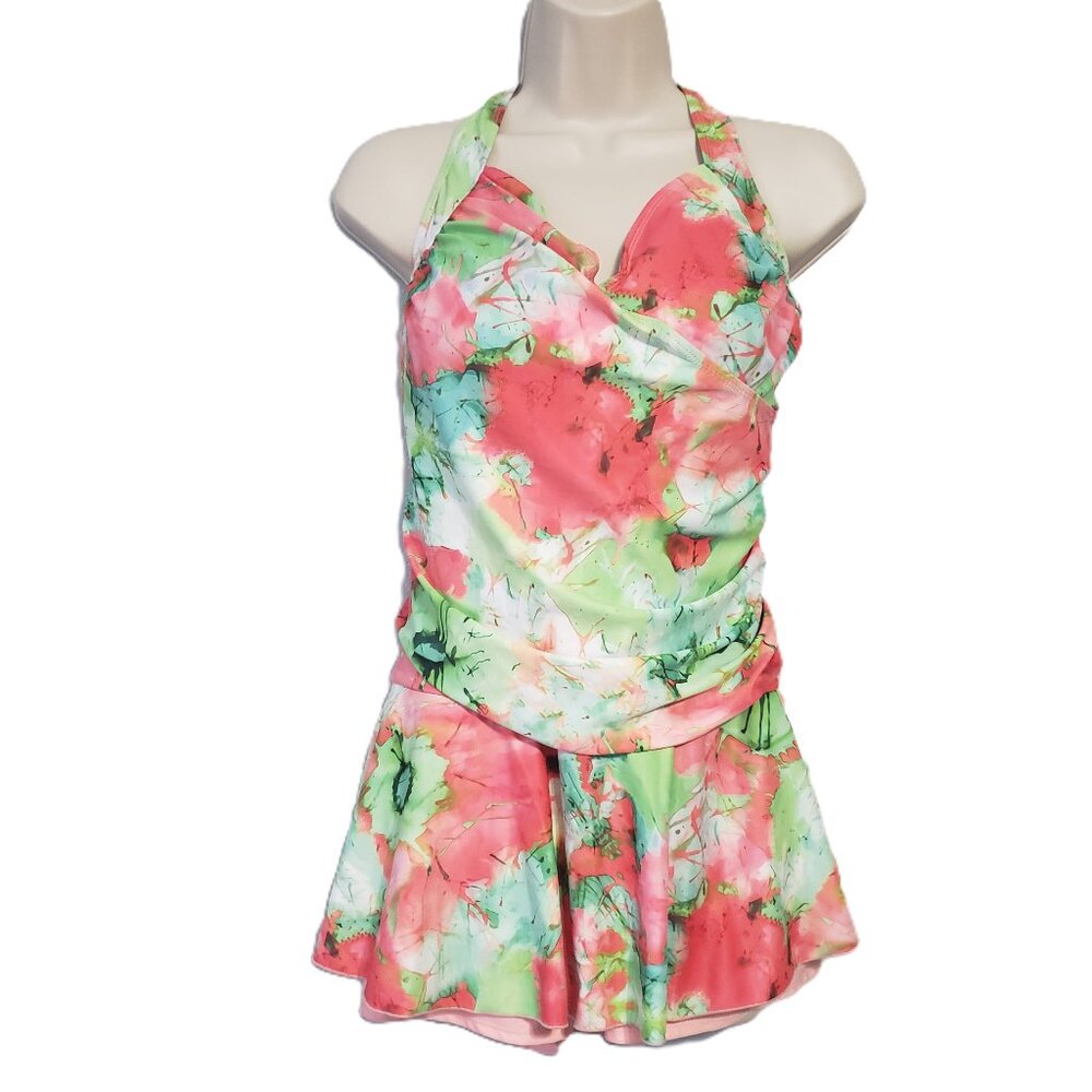 Tropical Women's Swim Dress XL Ruched Skirt with Shorts Padded Cups One Piece